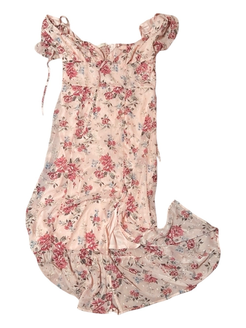 Pink Floral Puff Sleeve Tie Back Bohemian Midi Dress SZ LG NWTS!! - Picture 3 of 13
